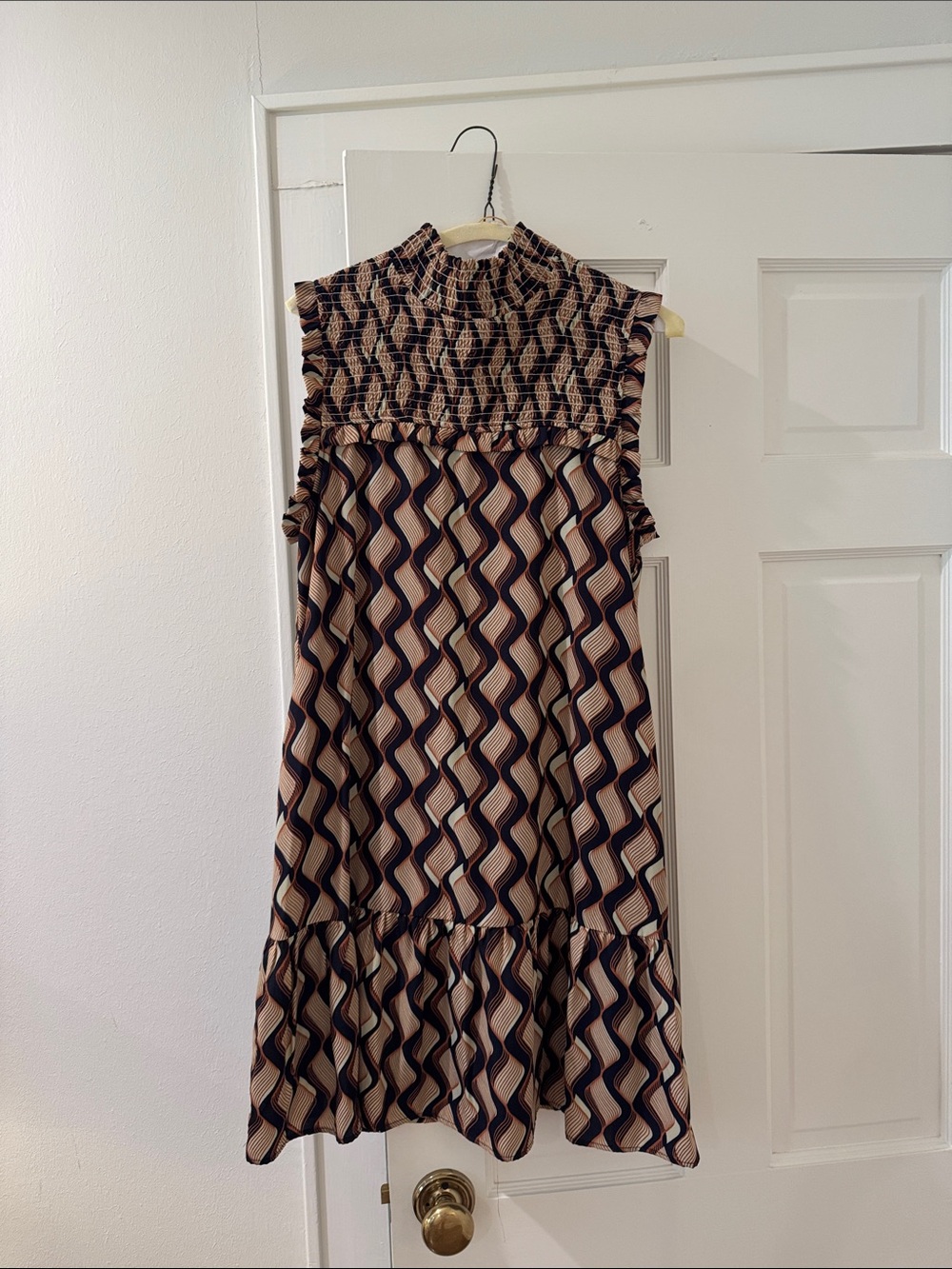 THML Tan and Navy Geometric Sleeveless Ruffle Dress